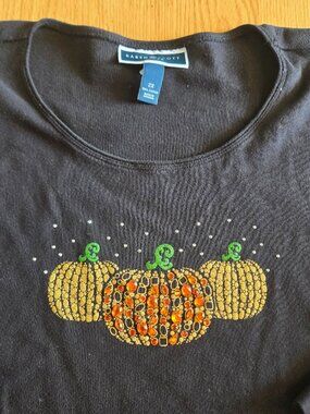 Karen Scott 2X Embellished Pumpkin Fall Top Black 3/4 Sleeve